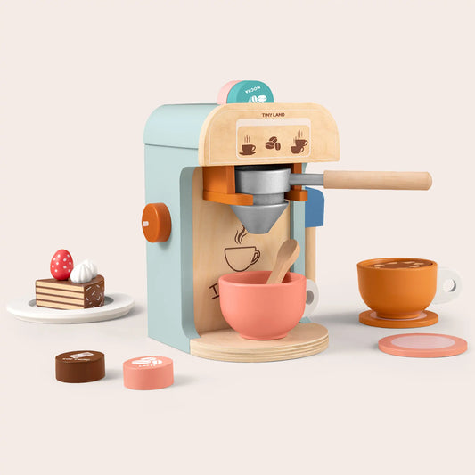 Kids wooden play coffee maker set with mugs, milk pitcher, and dessert plates