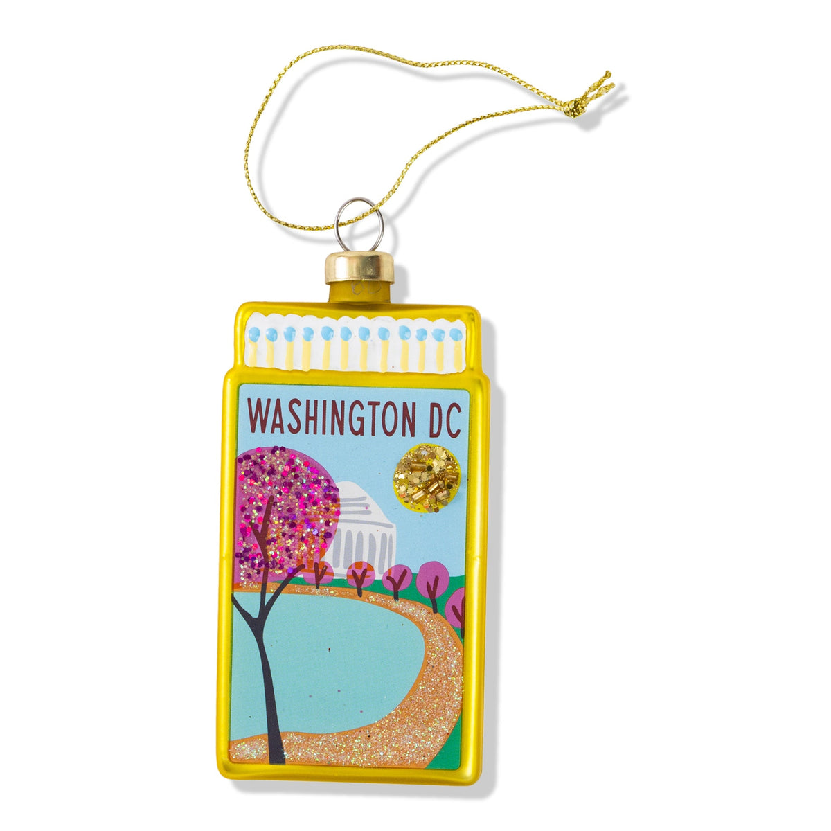 Yellow matchbook-style Washington DC ornament with hanging gold cord