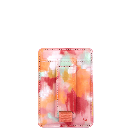 Watercolor magnetic wallet with orange-pink pattern and orange strap closure