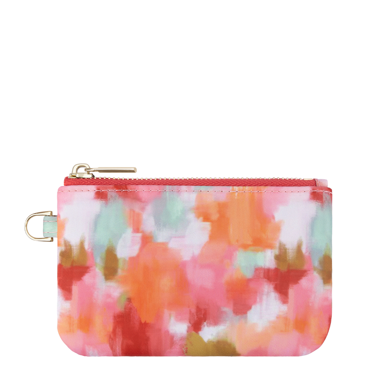 Water color waves zipper pouch with top zipper and gold-tone keyring, pink-orange print
