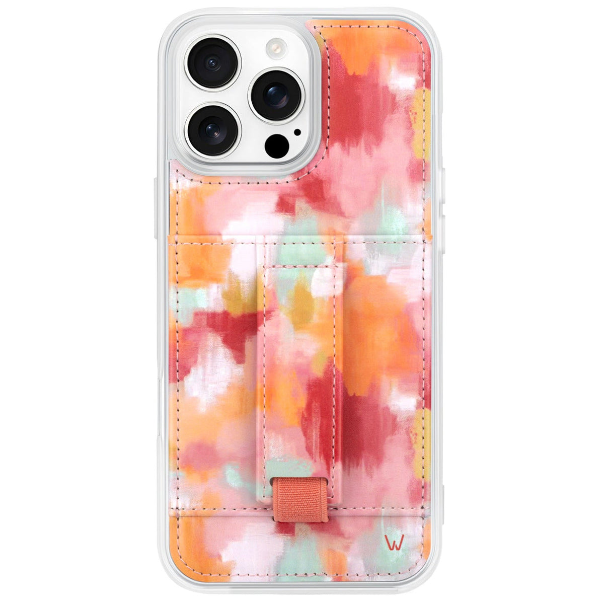Watercolor orange and pink phone case with card pocket and wrist strap, front view
