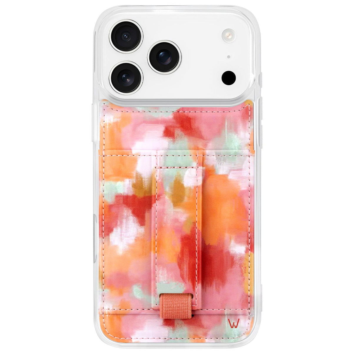 Watercolor orange and pink phone case with card pocket and wrist strap, clear back