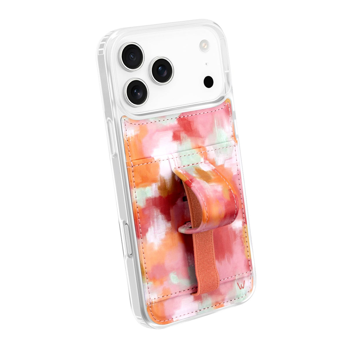 Watercolor orange and pink phone case with card pocket and wrist strap, angled view