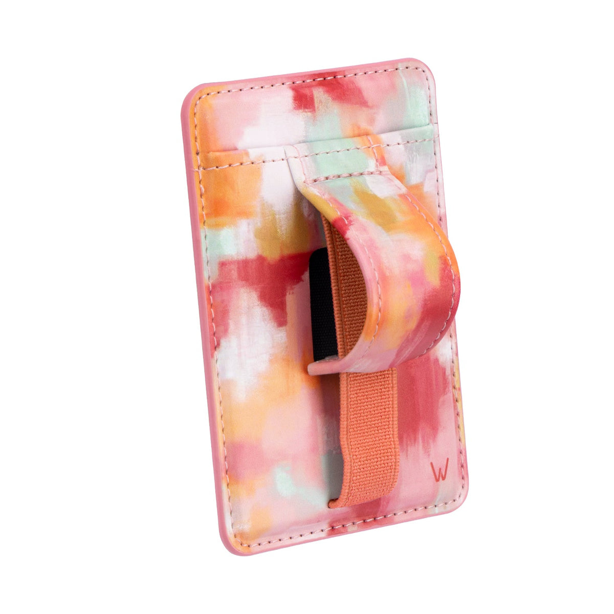 Watercolor magnetic wallet with orange strap and stitched edges