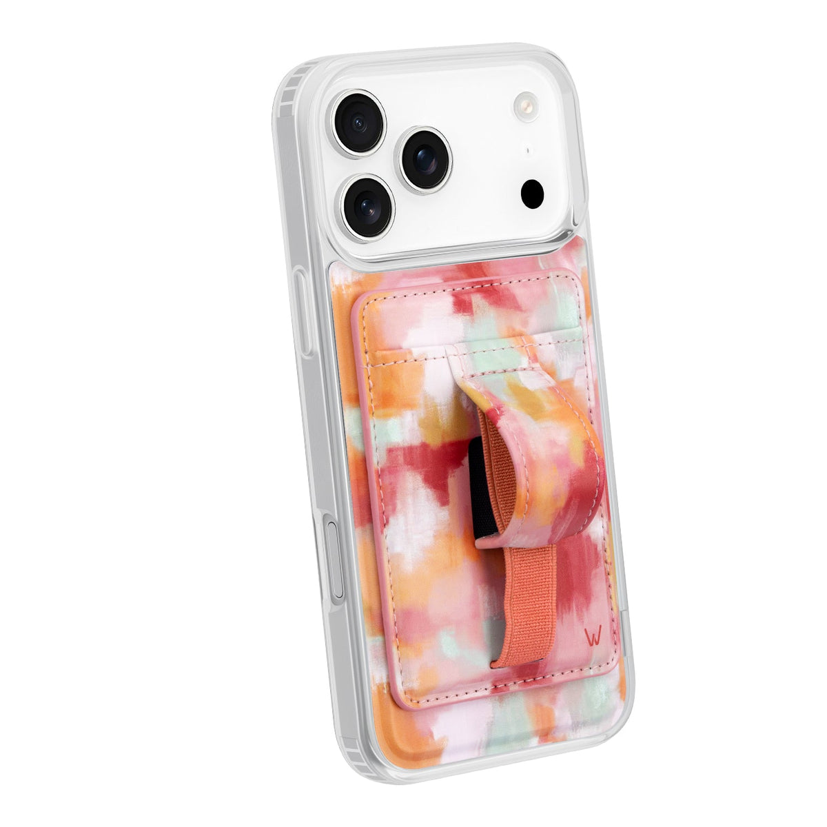 Watercolor magnetic wallet pocket on a clear phone case with orange strap