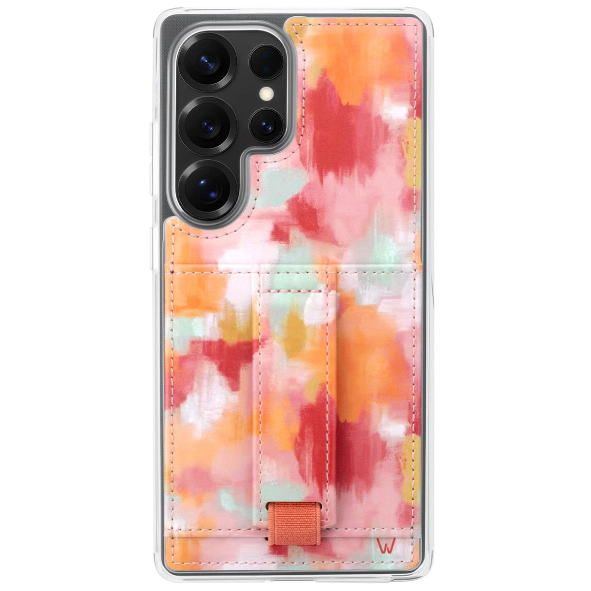 Watercolor orange and pink phone case with card pocket and wrist strap, close front