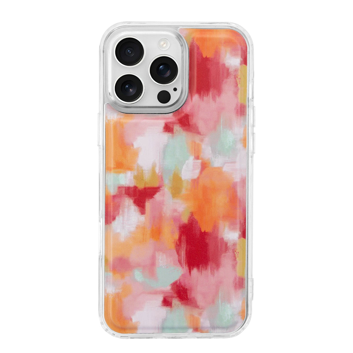Clear magnetic phone case with red-to-orange watercolor waves and camera cutouts