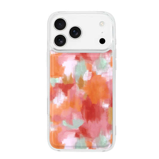 Clear magnetic phone case with orange-pink watercolor waves and camera cutouts