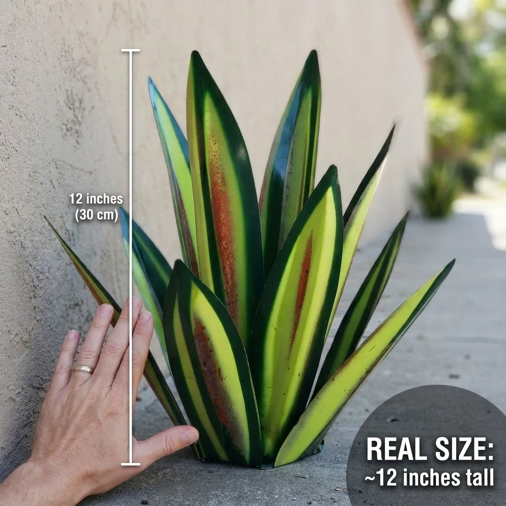 Green and yellow metal agave sculpture shown beside a hand for scale; about 12 inches tall