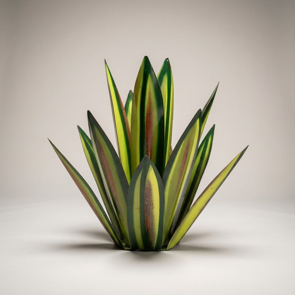 Metal agave sculpture with upright, pointed green and yellow leaves