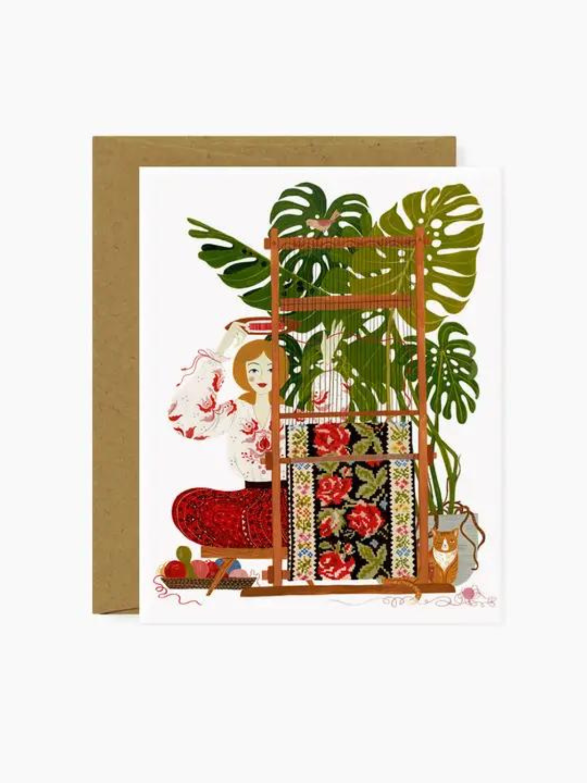 Greeting card with an illustration of a woman weaving a colorful floral textile