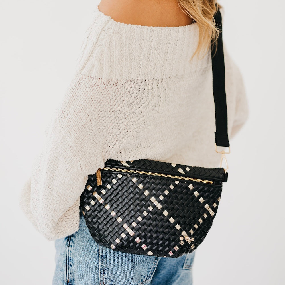Black woven checkered bum bag with gold zipper and adjustable strap