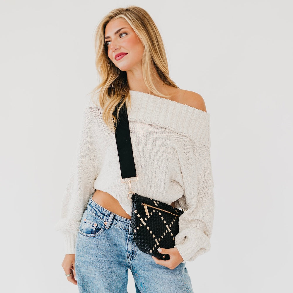 Westlyn woven bum bag, black-and-gold diamond checkered with adjustable strap and zip