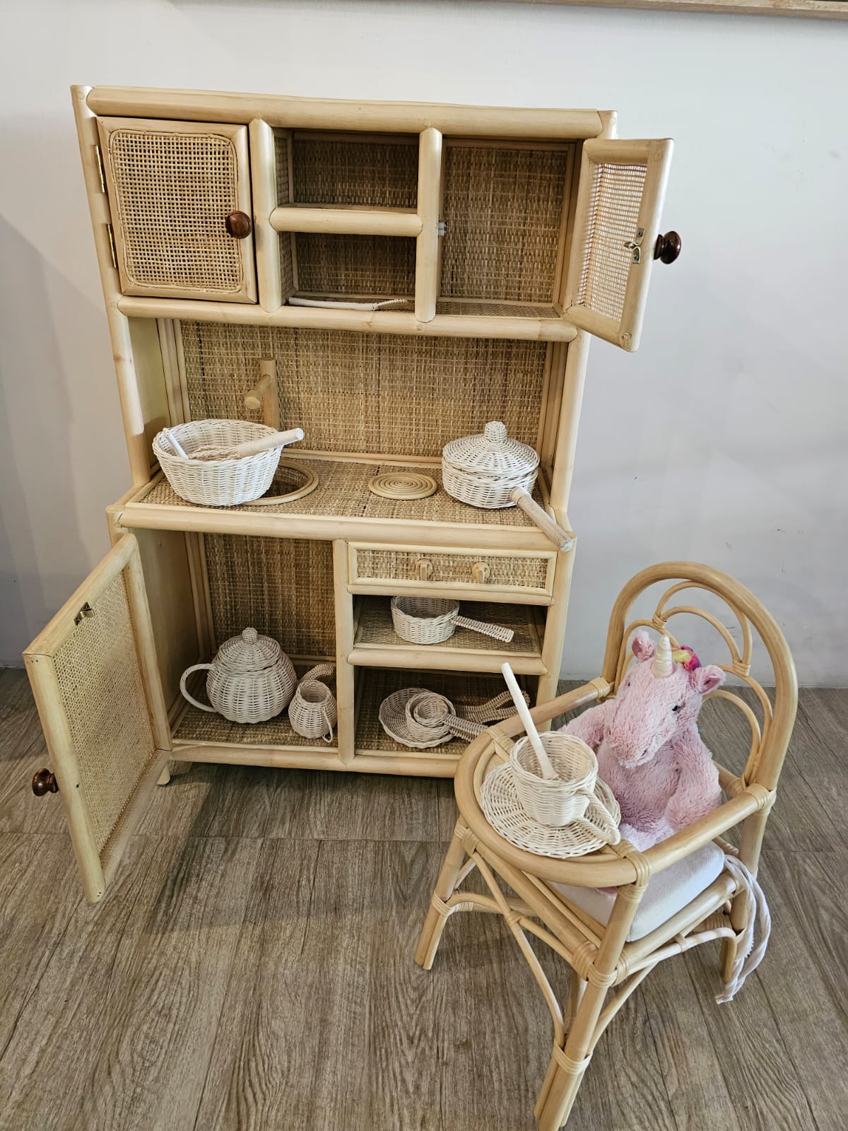 Montessori-Style Rattan Play Kitchen | Natural Pretend Play Station with Storage FREE SHIPPING