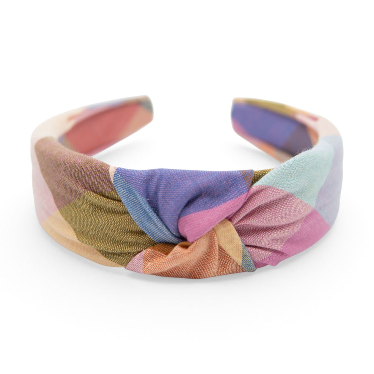 Pastel plaid knotted headband with fabric bow-knot center, multicolor checks