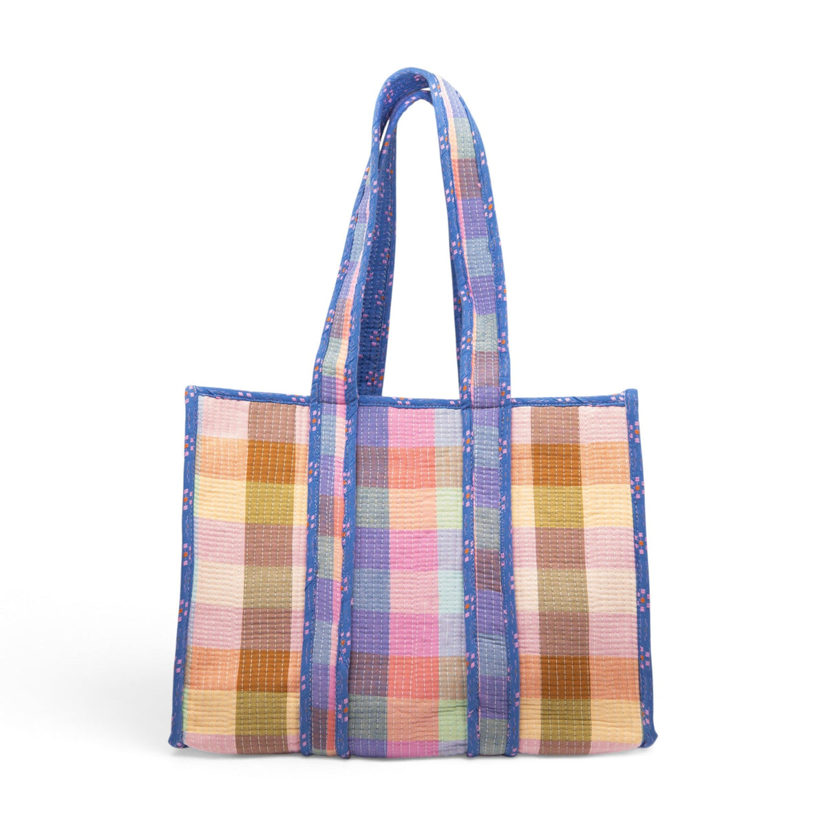 Plaid woven tote bag with tall blue braided handles and multicolor patchwork