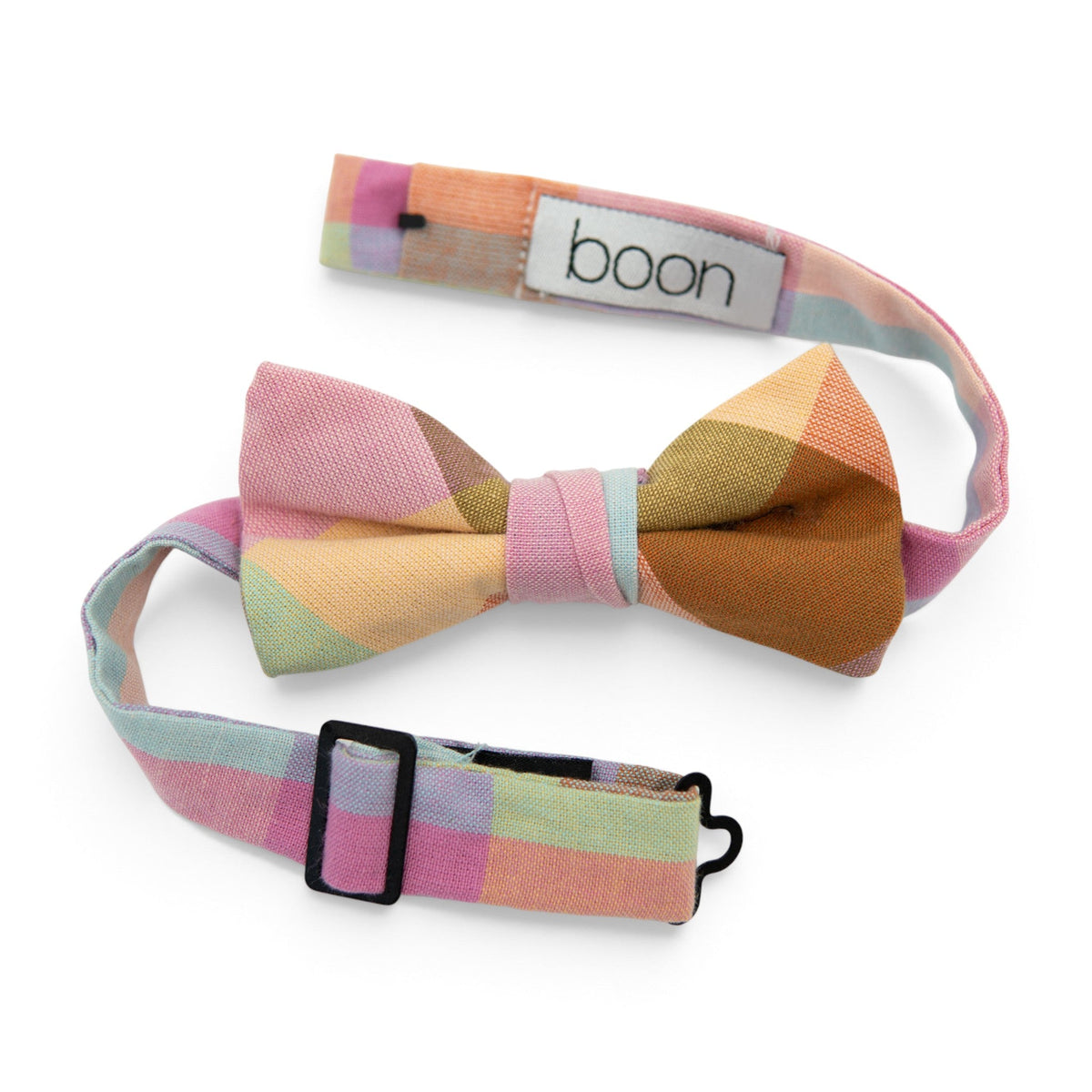 Plaid bow tie with multi-color check pattern and adjustable neck strap