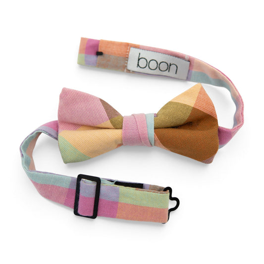 Plaid bow tie with multi-color check pattern and adjustable neck strap