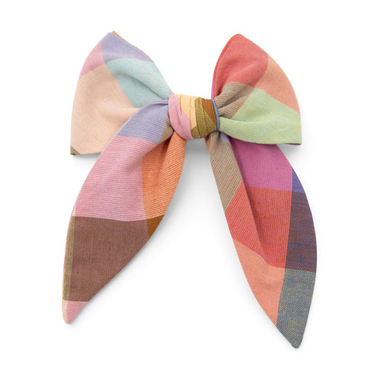 Plaid hair bow with multi-color pattern and tied knot, folded ribbon ends