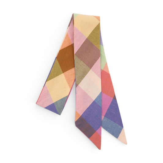 Plaid hair sash ribbon, multicolor geometric pattern, 2 in wide by 32 in long