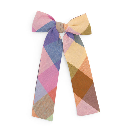 Plaid lady hair bow in pink, blue, tan, and orange with tied center knot