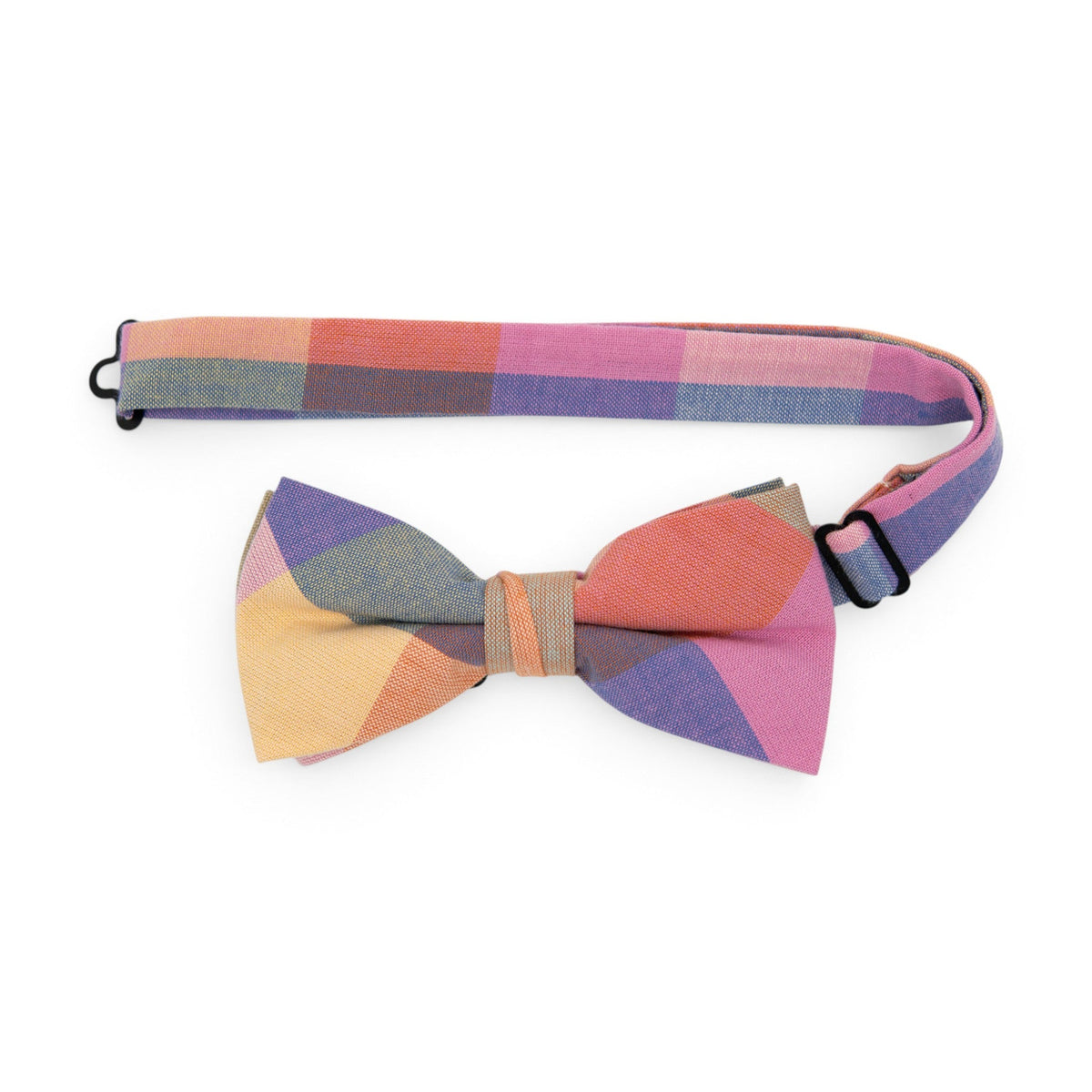Men's pre-tied plaid bow tie with multicolor check pattern and fabric strap
