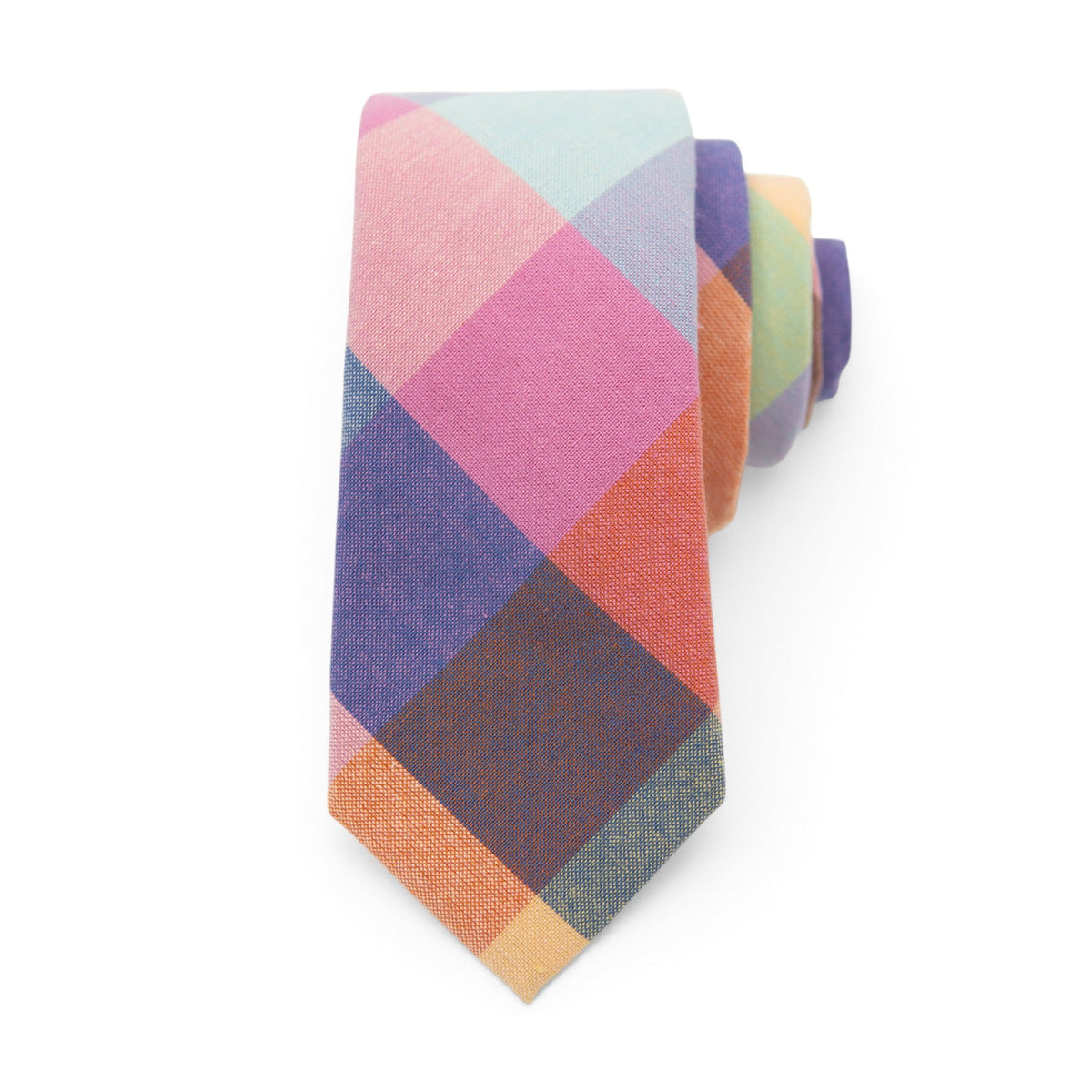 Men's plaid tie with multicolor diamond pattern in pink, blue, teal, and gold