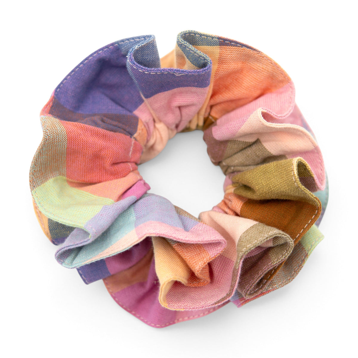 Colorful plaid hair scrunchie with tied bow, multicolor fabric