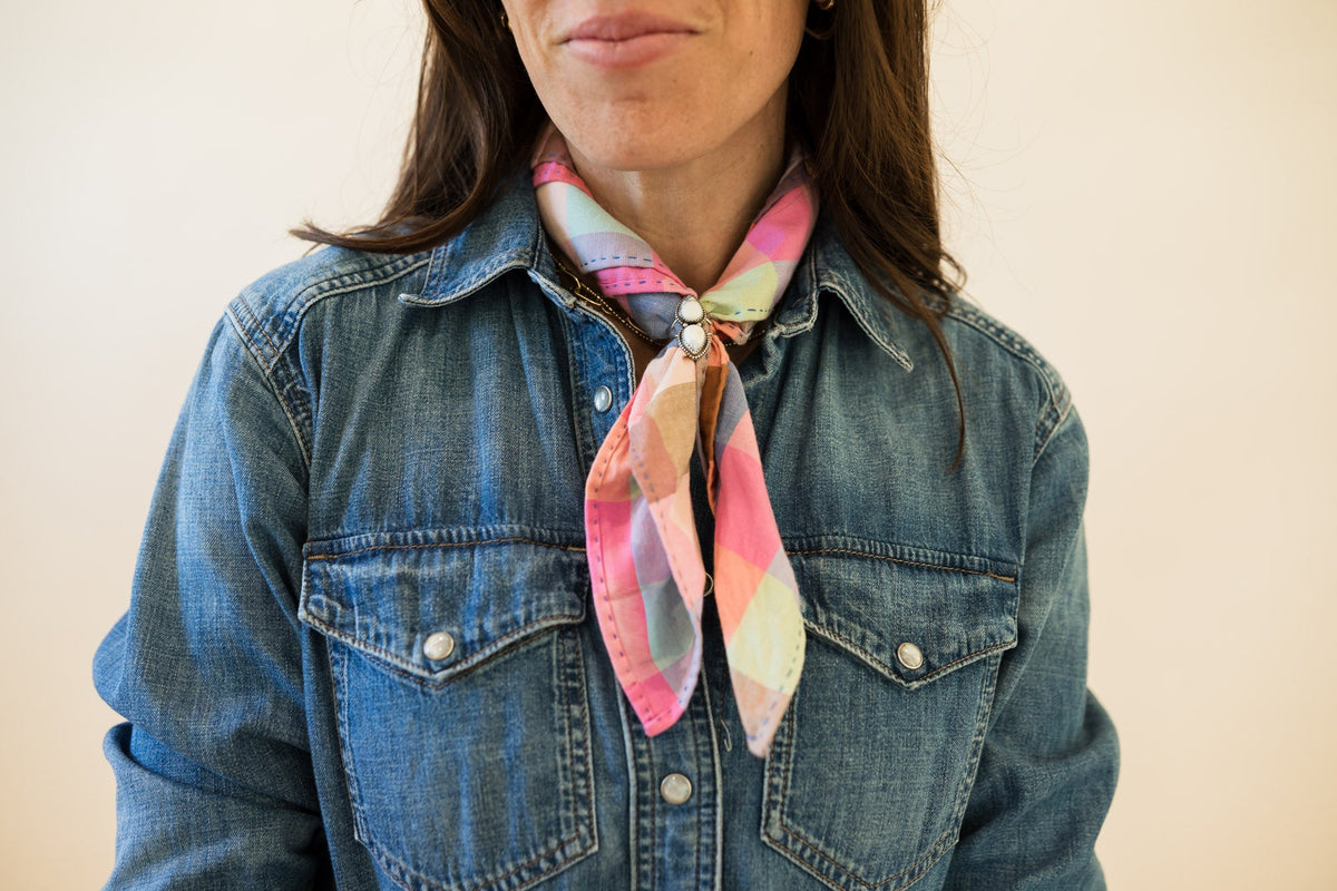 Womens bandana tied at the neck, multicolor plaid print