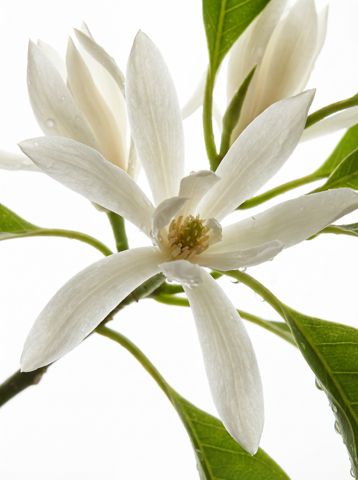 White champaca flower with green leaves, botanical ingredient close-up