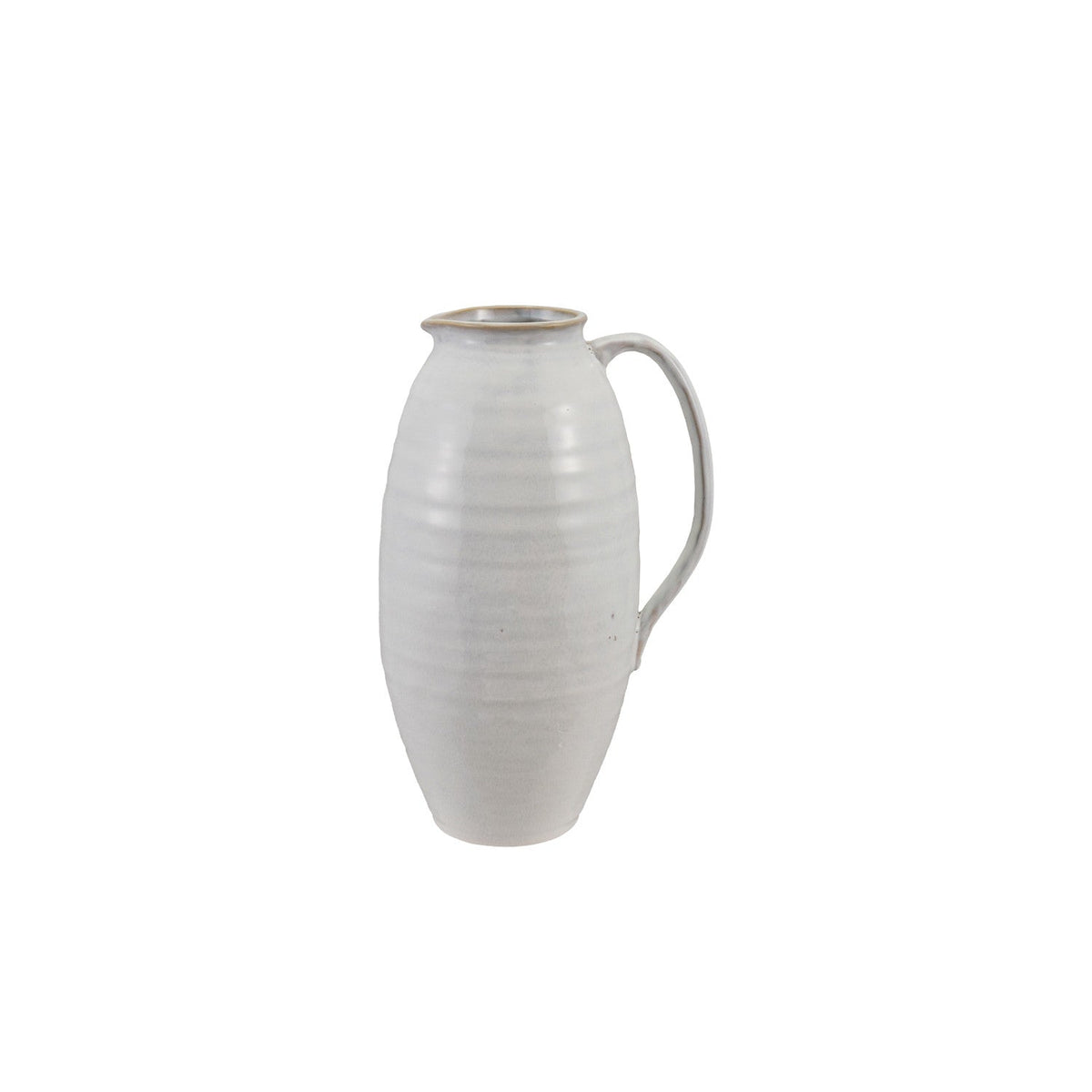 White stoneware pitcher with ribbed finish, wide handle, and short pour spout