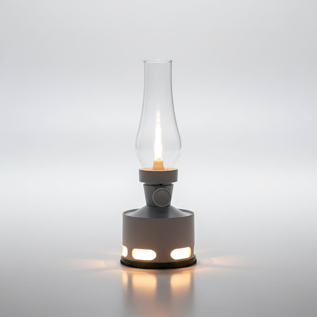 Gray vintage LED lantern with glass chimney and illuminated base panels