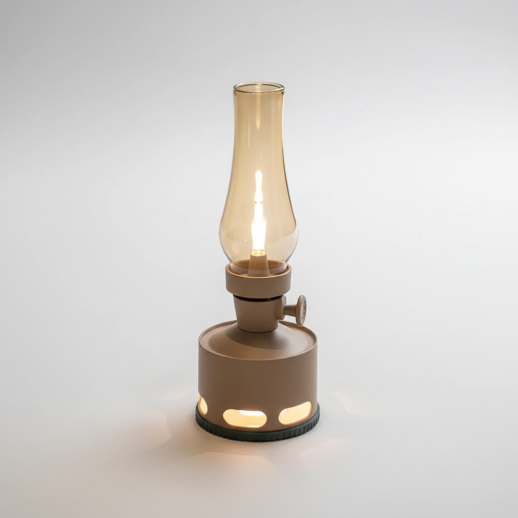 Khaki LED lantern with clear glass chimney and glowing base panels
