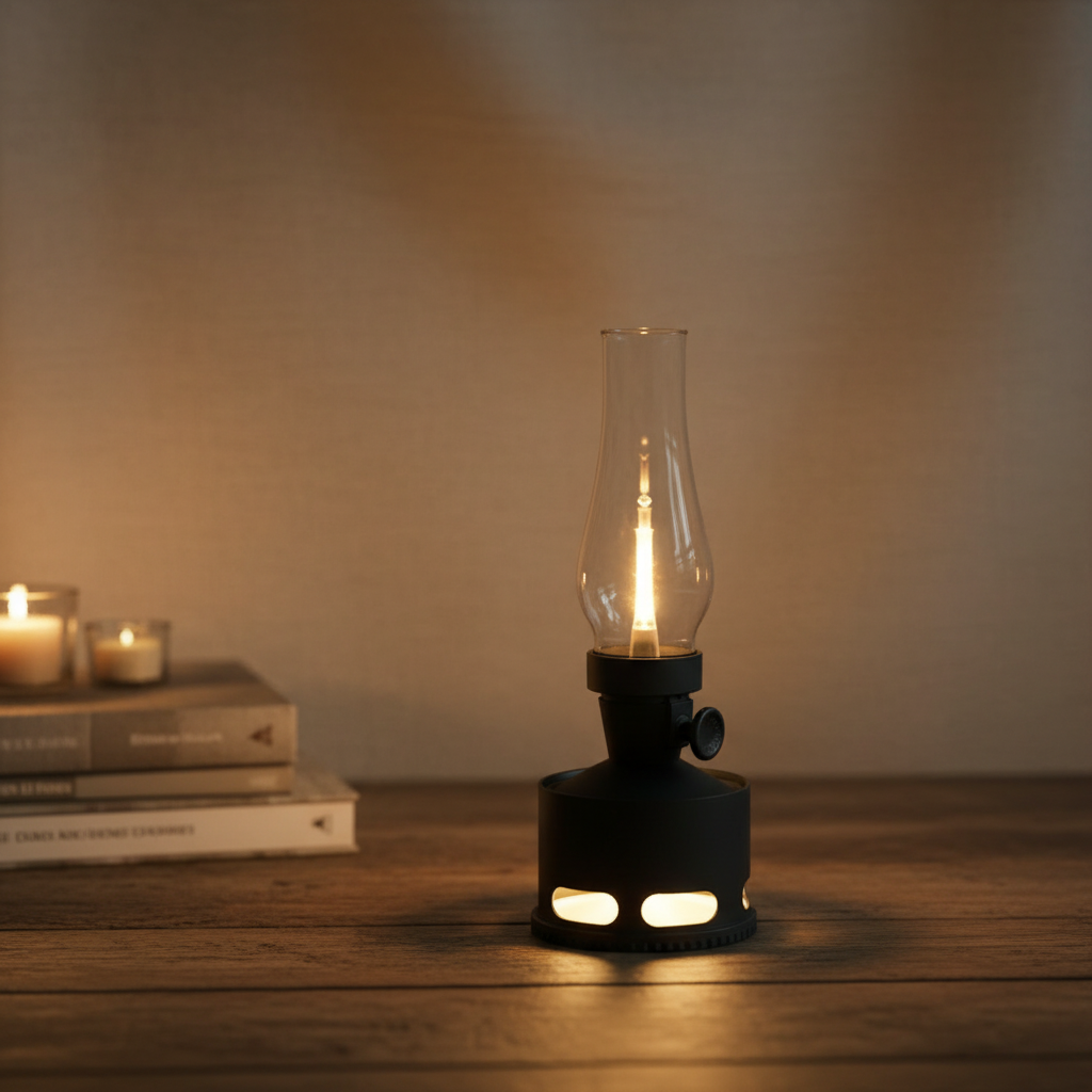 Black vintage LED lantern with clear glass chimney and glowing base panels