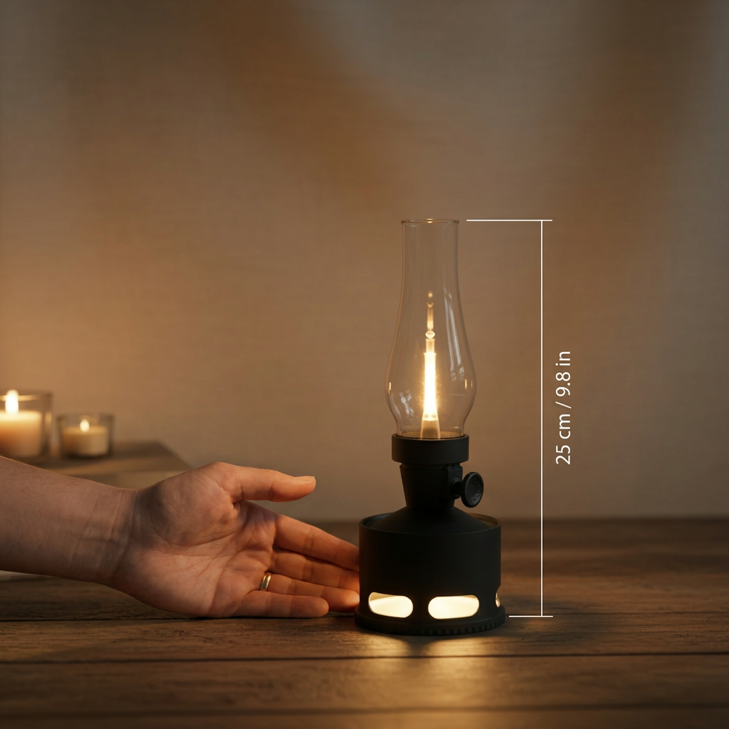 Rechargeable vintage LED lantern with black base, clear glass chimney, warm light and side control
