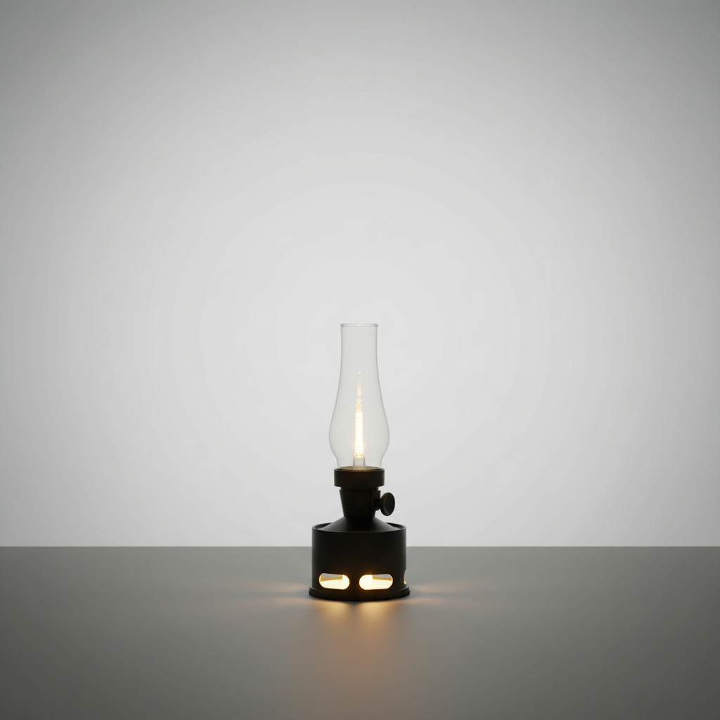 Compact black LED lantern with a glass chimney and illuminated base
