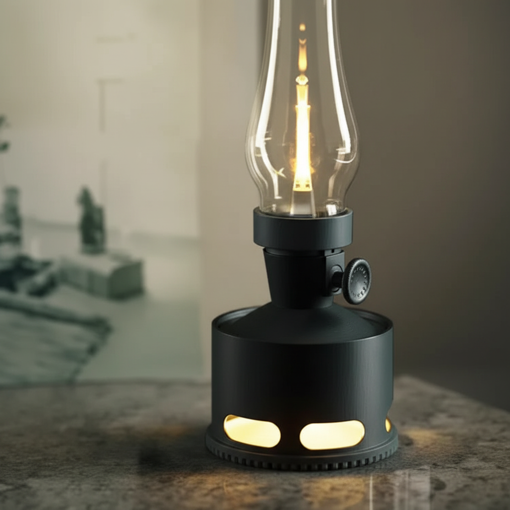 Black retro LED lantern with clear glass chimney and side control knob