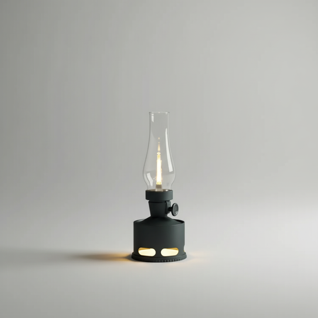 Black portable LED lantern with clear glass chimney and glowing base