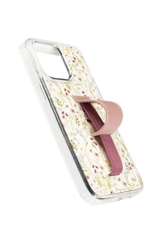 Clear floral phone case with mauve lanyard strap, shown at an angle