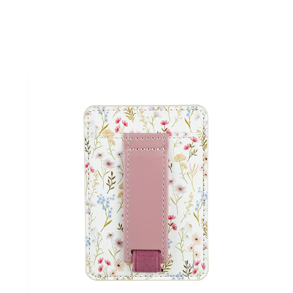 Floral magnetic phone wallet with mauve magnetic tab and card slot