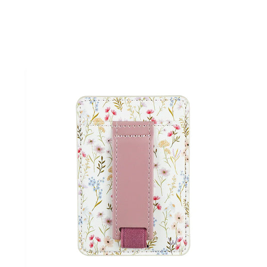 Floral magnetic phone wallet with mauve magnetic tab and card slot