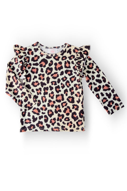 Leopard-print long-sleeve ruffle tee, cream with dark spots