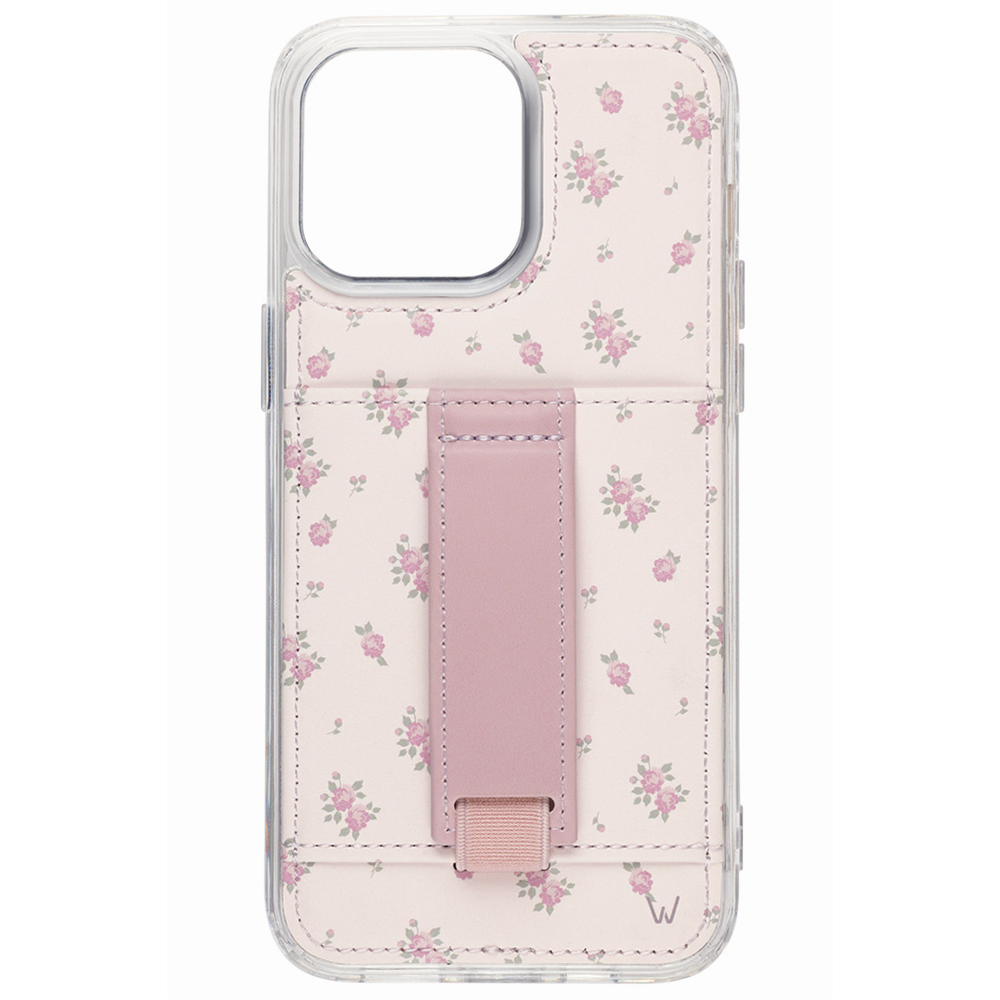 Wildrose floral phone case with pink cardholder strap, transparent edges