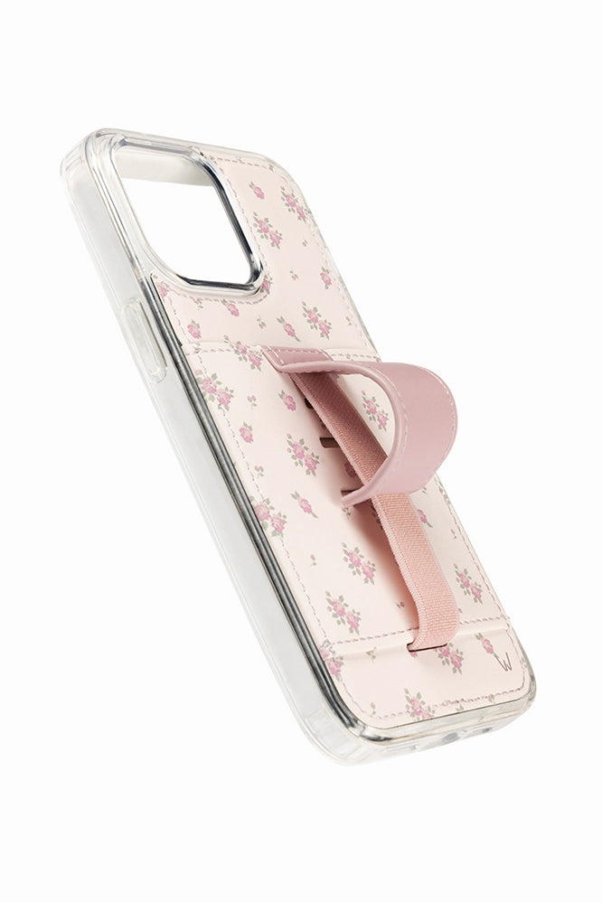 Wildrose phone case with pink floral print and wrist strap, clear protective edges