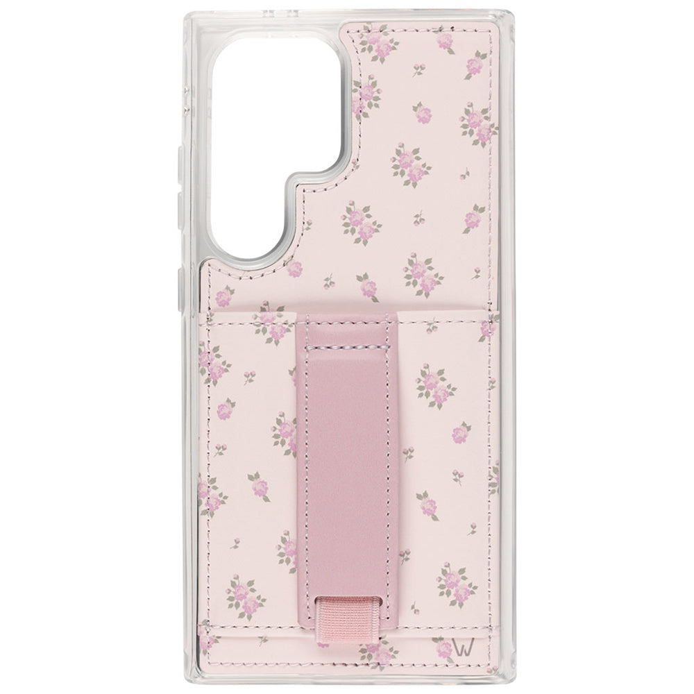 Wildrose pink floral phone case with vertical strap pocket on clear back