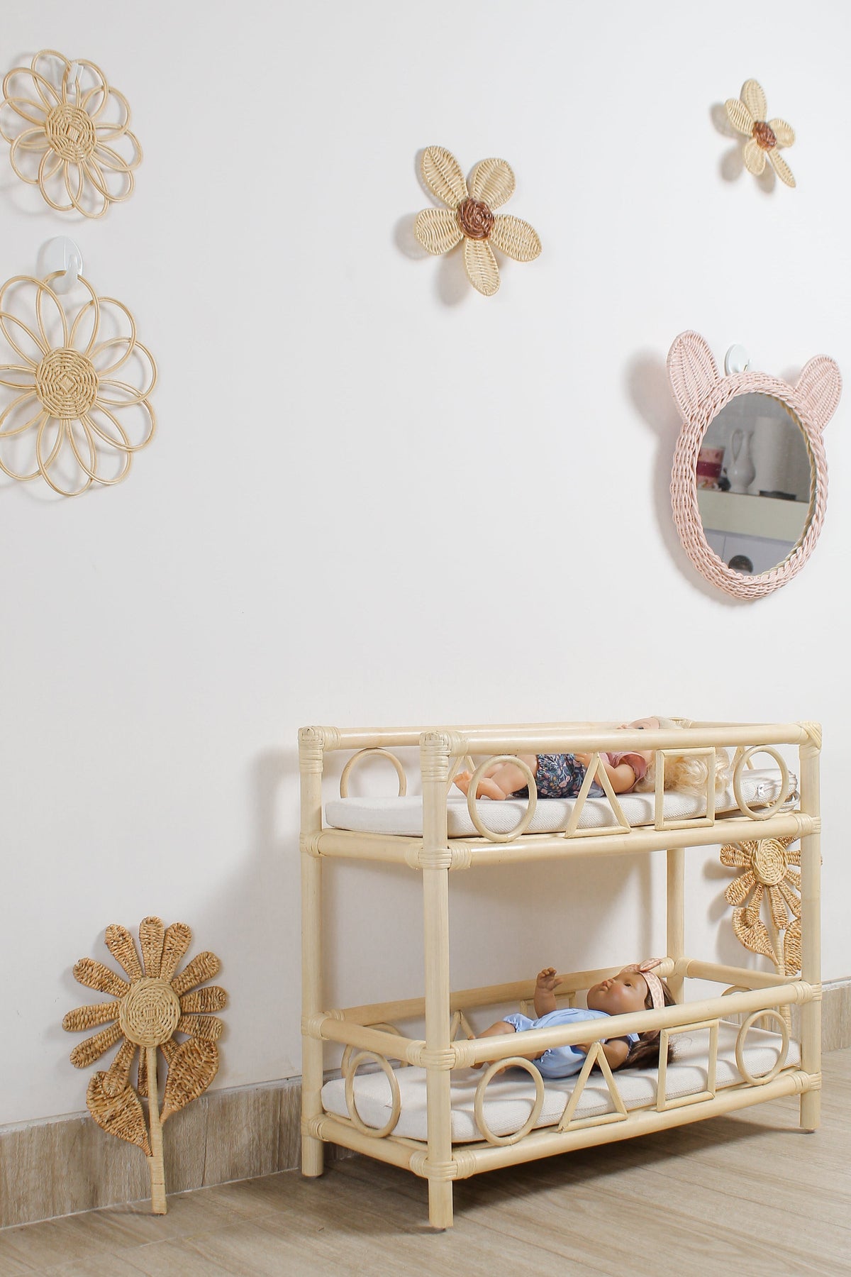 Natural rattan flower wall decorations in a children's room