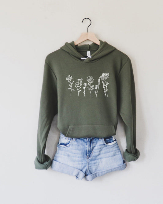 Dark green sponge-fleece hoodie with hood and white wildflower graphic front