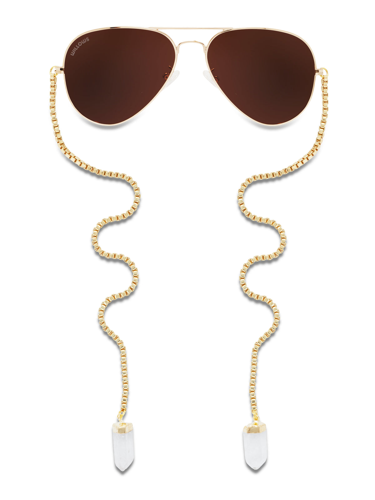 Gold-tone crystal drop earrings with aviator-style frames and clear dangle points