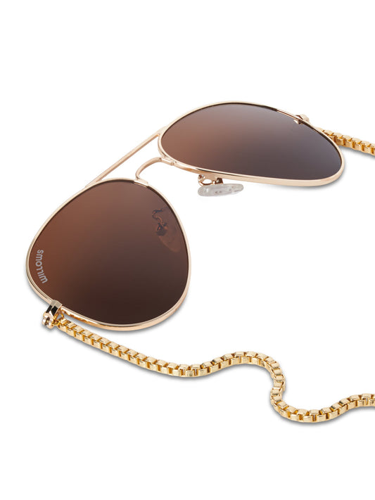 Gold-tone crystal drop earrings, aviator frames with linked chain and clear crystal tips