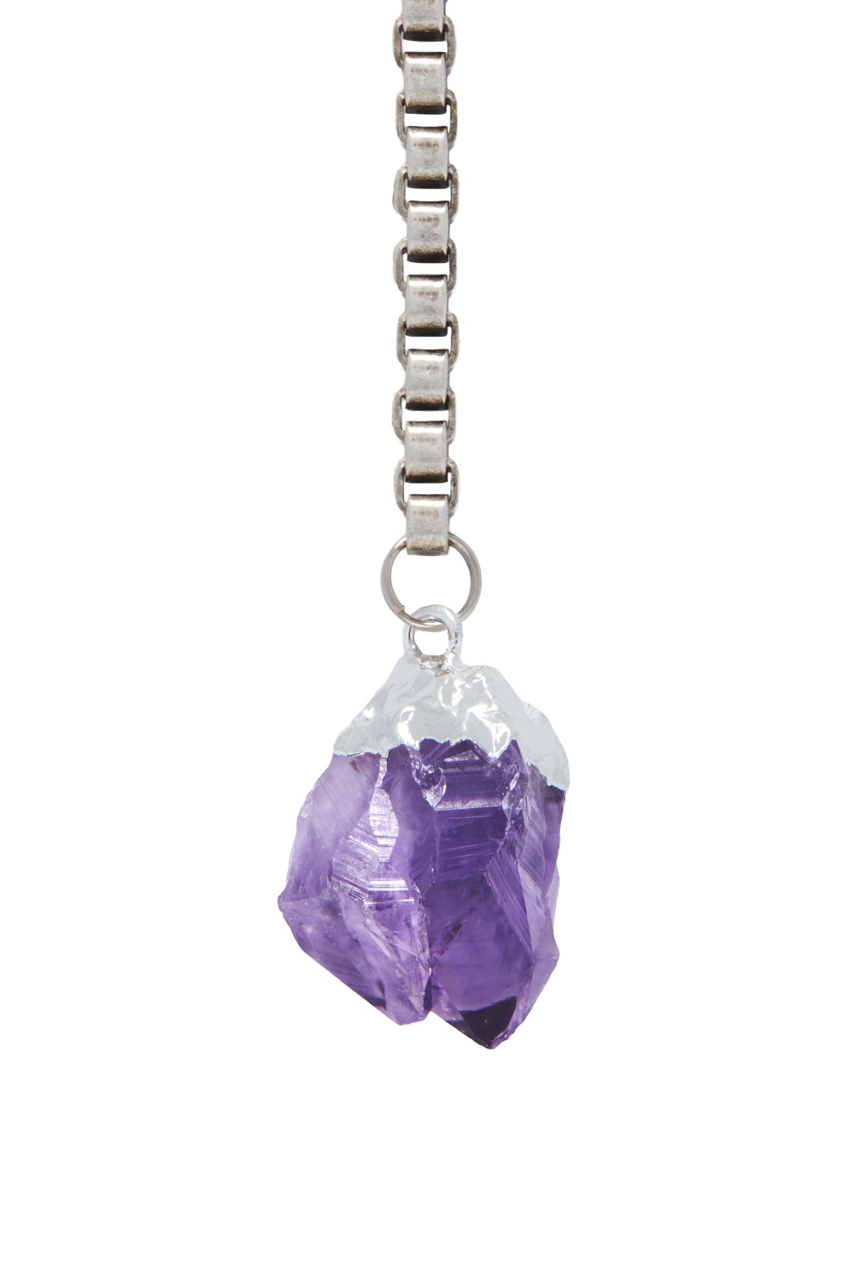 Amethyst purple rough crystal pendant on a silver chain